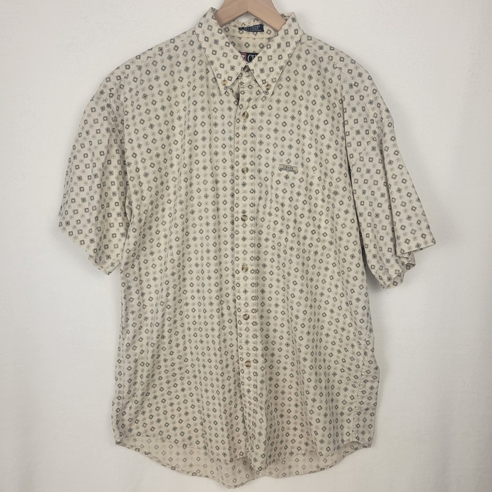 Vintage Chaps Ralph Lauren Shirt L Short Sleeve Linen Cotton Geometric 90s Y2K